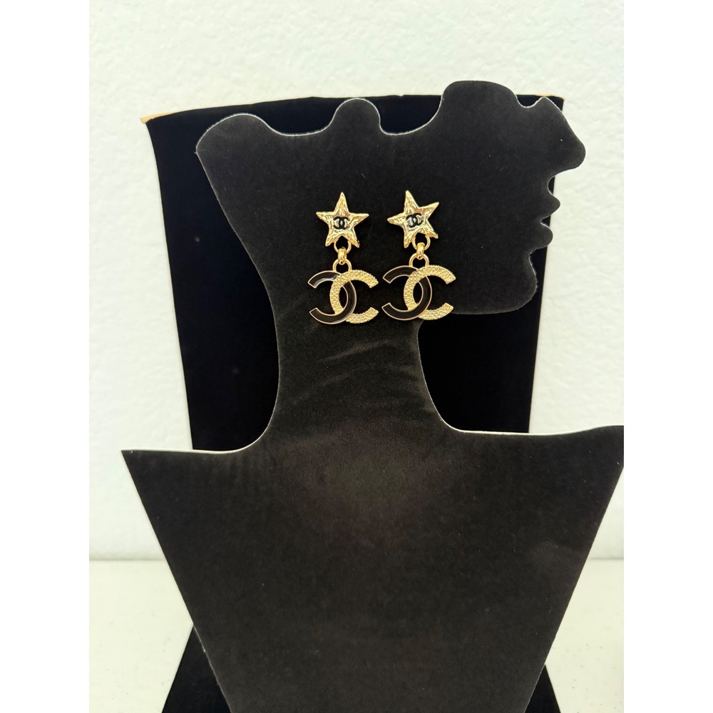 Chanel Star Double C Drop Earrings Gold Black Enamel B24P Made in Italy